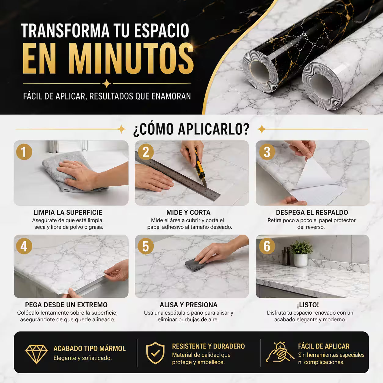 MarmoLux™ Adhesivo estilo marmol 60 cm x 3 m